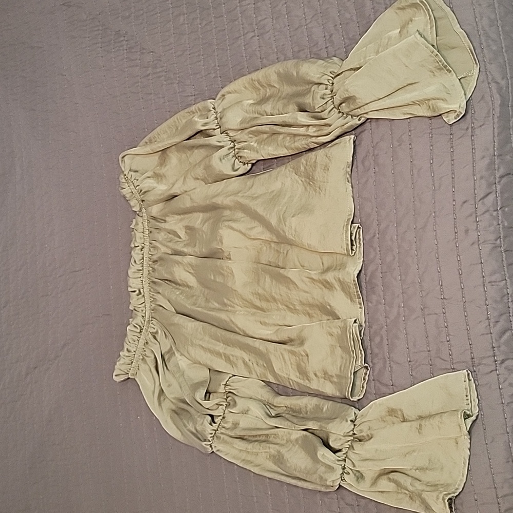 Blue blush off the shoulder crop green satin flowy top